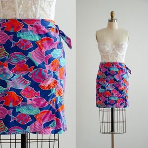 wrap mini skirt 80s 90s vintage Linda Tilson blue pink fish novelty short skirt